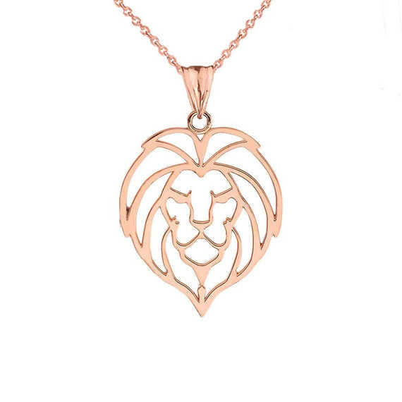Solid Gold Lion Head Cut Out Pendant Necklace (Available in Yellow/Rose/White Gold)