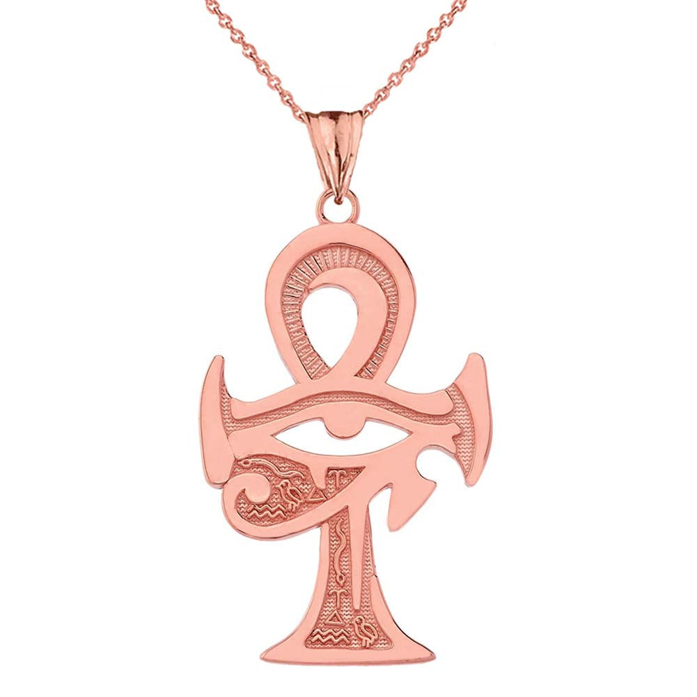 Gold Egyptian Ankh Cross Eye of Horus Pendant Necklace (Available in Yellow/Rose/White Gold)