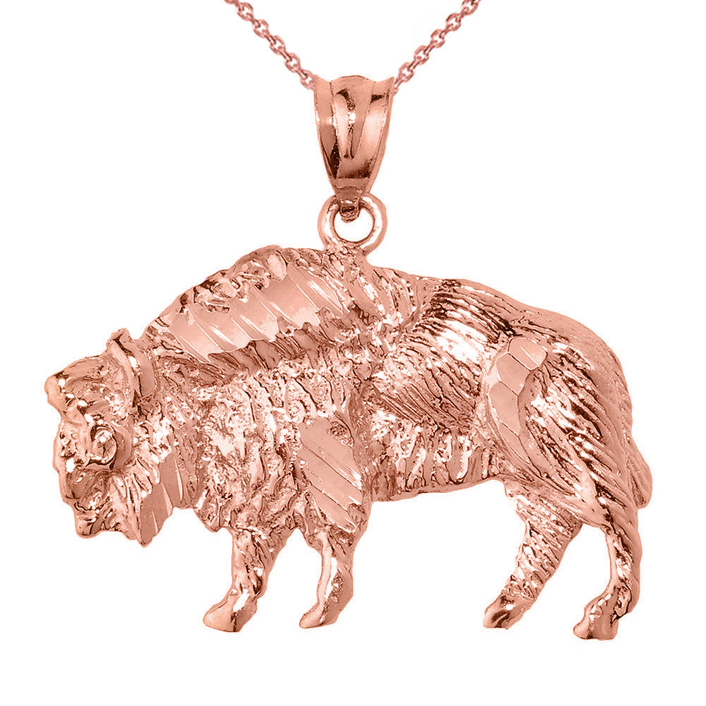 Gold Diamond Cut Bison Pendant Necklace(Available in Yellow/Rose/White Gold)
