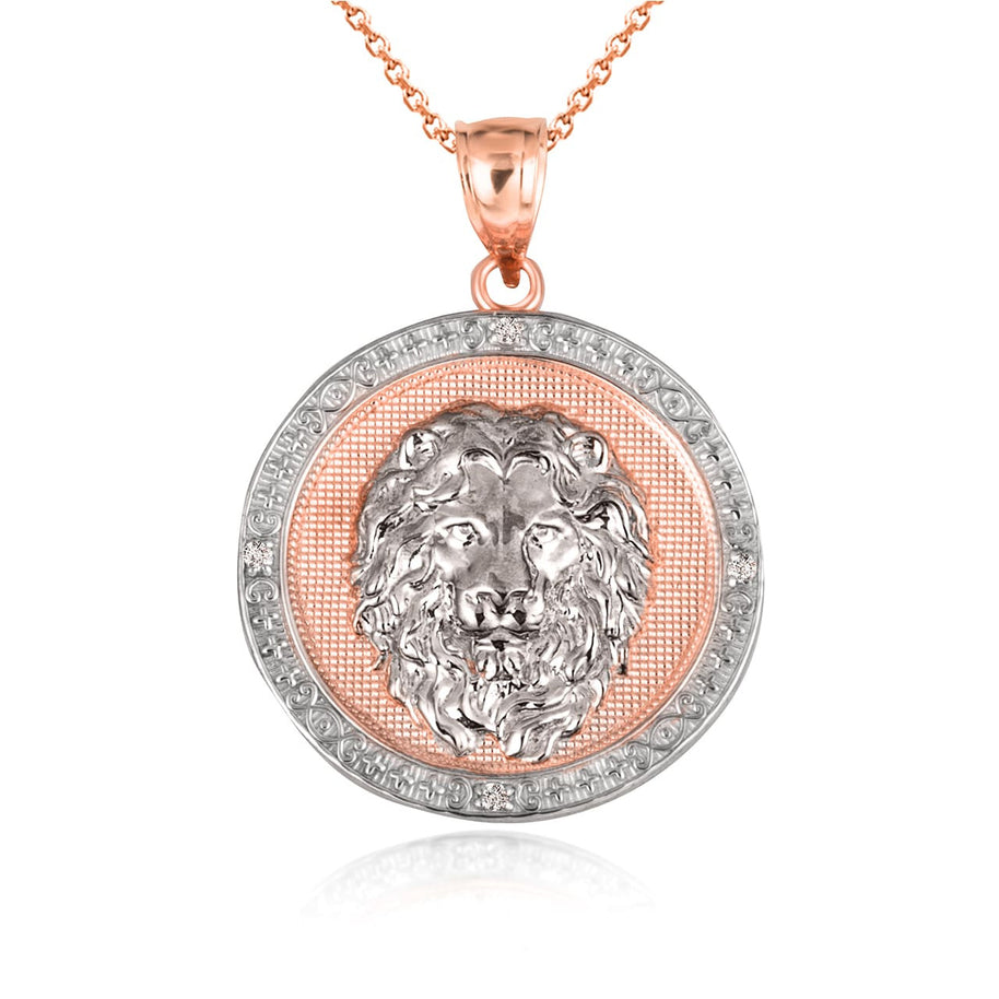 Two-Tone Gold Diamond Lion Beaded Coin Pendant Necklace (Available in Yellow/Rose/White Gold)