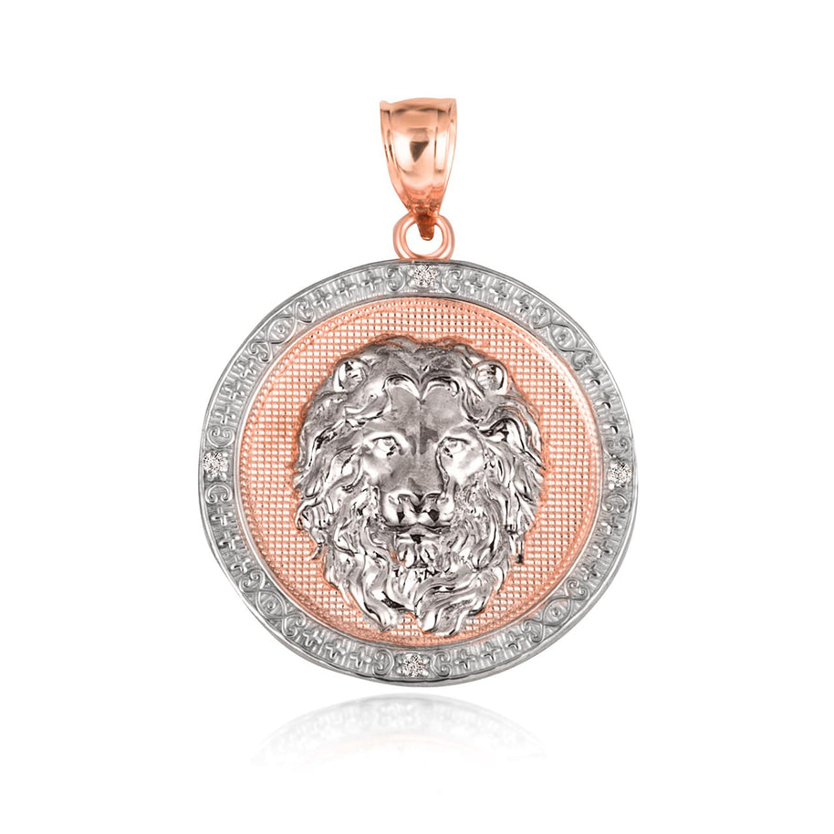 Two-Tone Gold Diamond Lion Beaded Coin Pendant Necklace (Available in Yellow/Rose/White Gold)