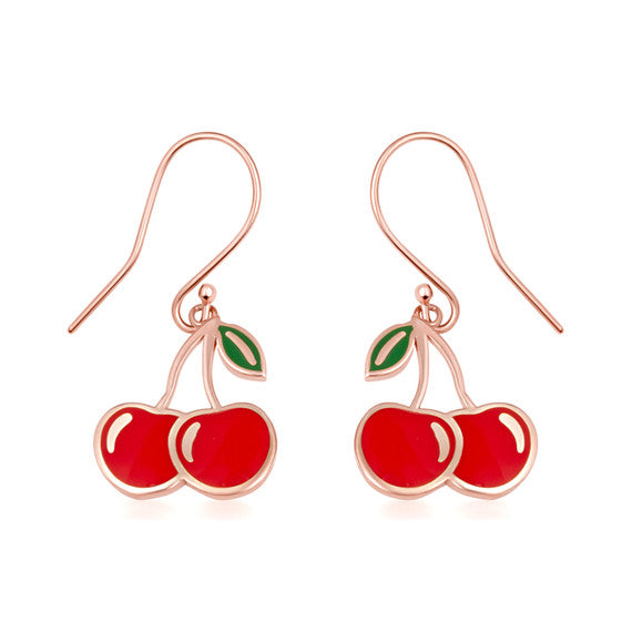 Gold Red Enamel Cherry Fruit Hook Earrings (Available in Yellow/Rose/White Gold)