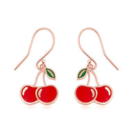 Gold Red Enamel Cherry Fruit Hook Earrings (Available in Yellow/Rose/White Gold)
