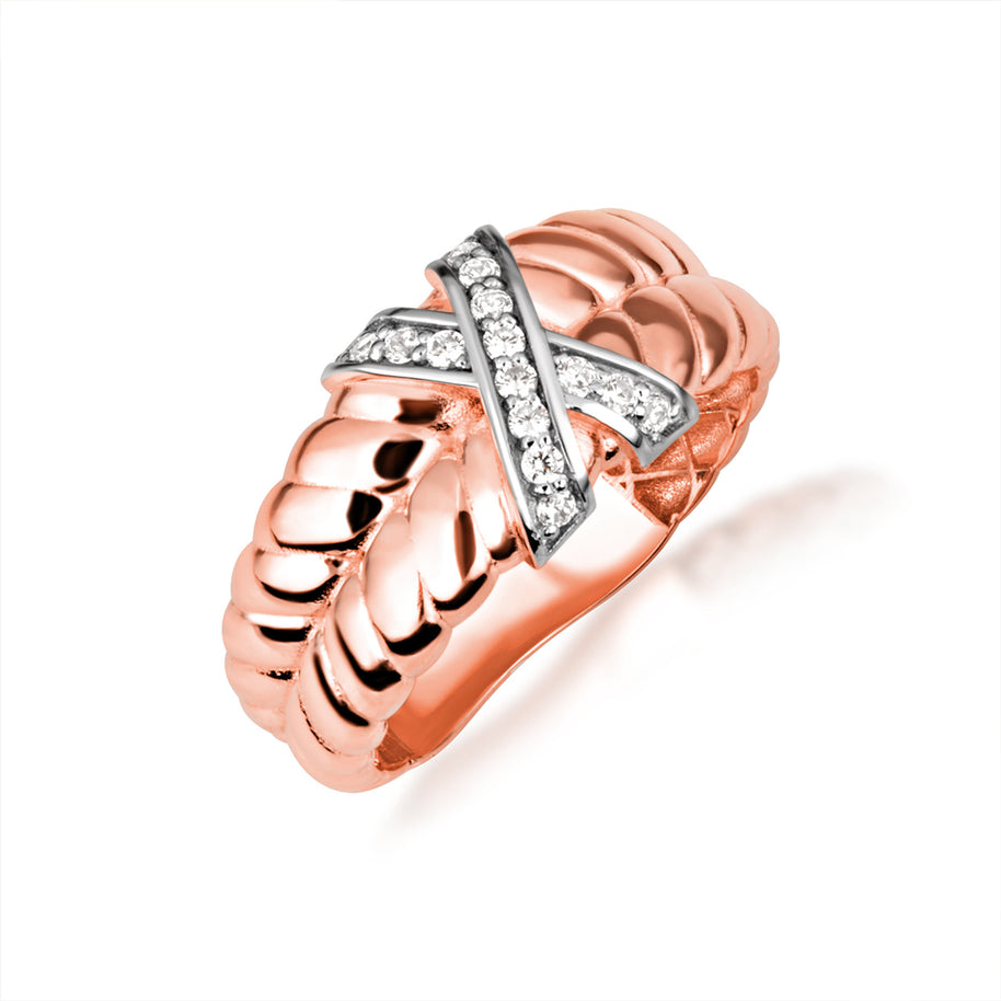 Two-Tone Gold Ribbed X Design Ring (Available in Yellow/Rose/White Gold)