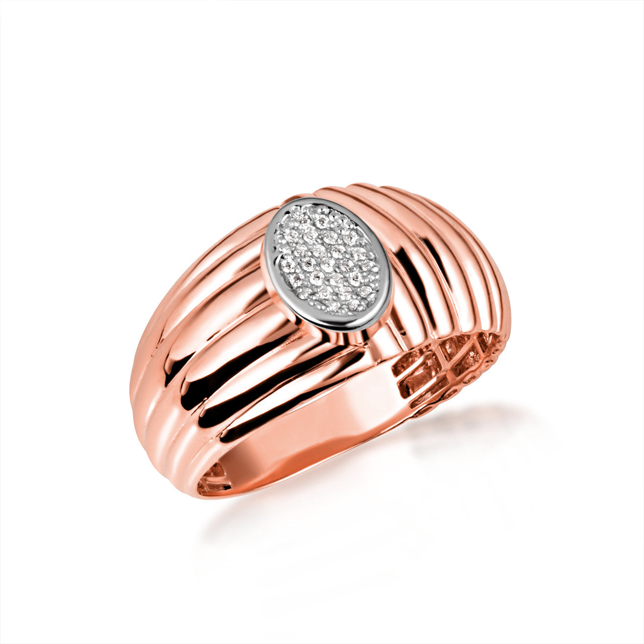 Two-Tone Gold Ribbed Oval Solitaire Diamond Ring (Available in Yellow/Rose/White Gold)