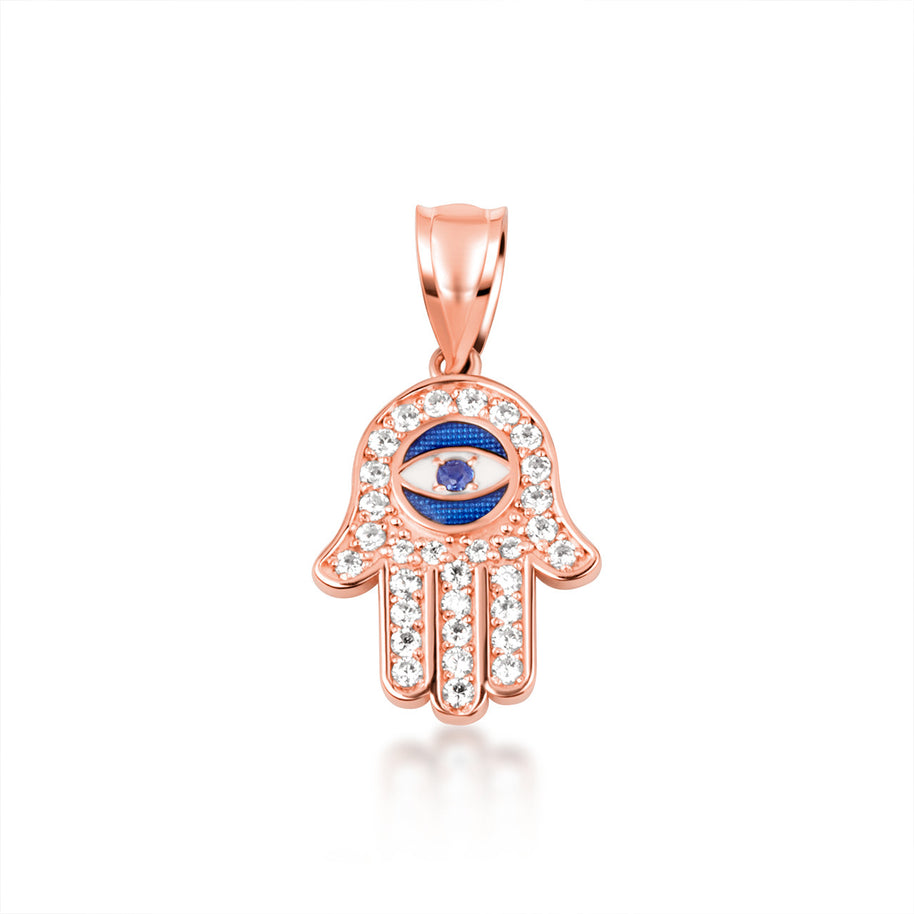Gold Enamel Cubic Zirconia Studded Hamsa Hand Evil Eye Of Protection Pendant Necklace (Available in Yellow/Rose/White Gold)