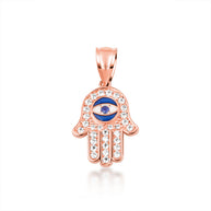 Gold Enamel Cubic Zirconia Studded Hamsa Hand Evil Eye Of Protection Pendant Necklace (Available in Yellow/Rose/White Gold)