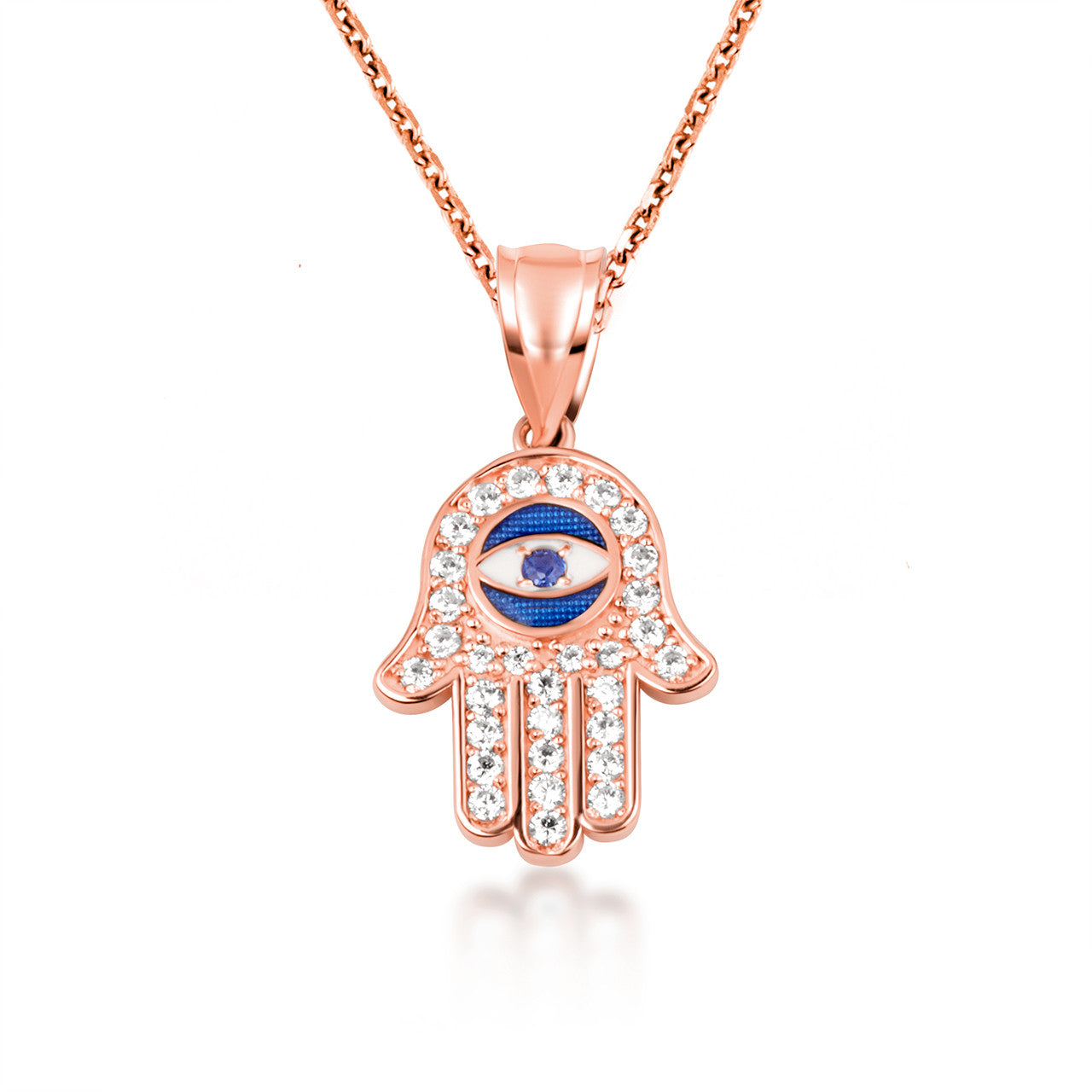 Gold Enamel Cubic Zirconia Studded Hamsa Hand Evil Eye Of Protection Pendant Necklace (Available in Yellow/Rose/White Gold)