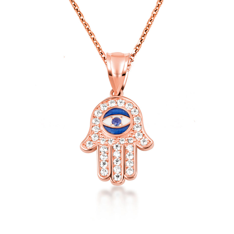 Gold Enamel Cubic Zirconia Studded Hamsa Hand Evil Eye Of Protection Pendant Necklace (Available in Yellow/Rose/White Gold)