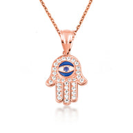 Gold Enamel Cubic Zirconia Studded Hamsa Hand Evil Eye Of Protection Pendant Necklace (Available in Yellow/Rose/White Gold)