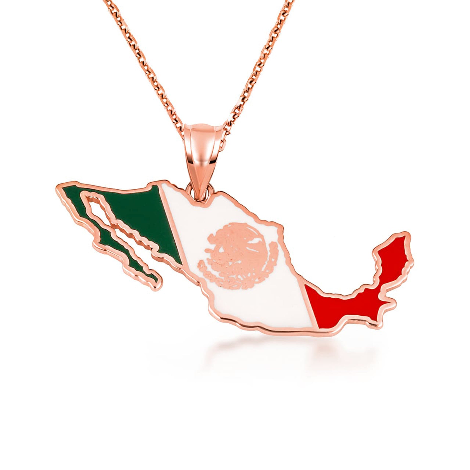Gold Mexico Map Flag Enamel Pendant Necklace (Available in Yellow/Rose/White Gold)