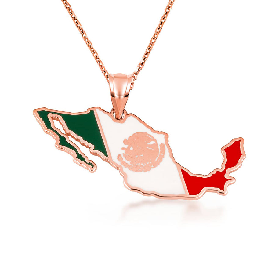 Gold Mexico Map Flag Enamel Pendant Necklace (Available in Yellow/Rose/White Gold)