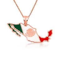Gold Mexico Map Flag Enamel Pendant Necklace (Available in Yellow/Rose/White Gold)