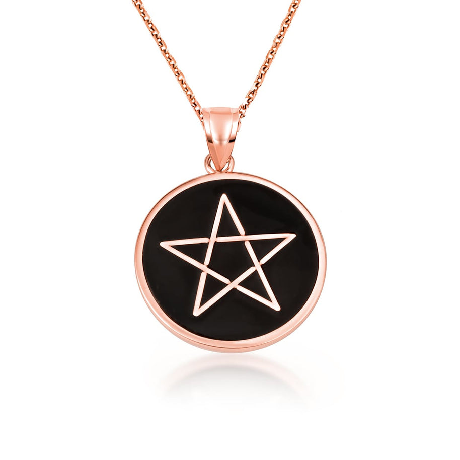 Gold Enamel Wiccan 5 Point Star Pentagram Medallion Pendant Necklace (Available in Yellow/Rose/White Gold)