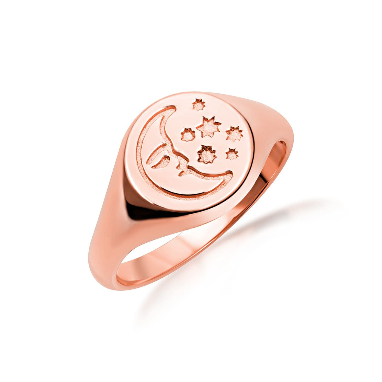 Gold Moon Face Celestial Stars Signet Ring (Available in Yellow/Rose/White Gold)
