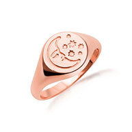 Gold Moon Face Celestial Stars Signet Ring (Available in Yellow/Rose/White Gold)