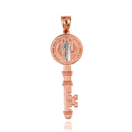 Two-Tone Gold Saint Benedict Medal Key Textured Pendant Necklace (Available in Small/Large & Yellow/Rose/White Gold)