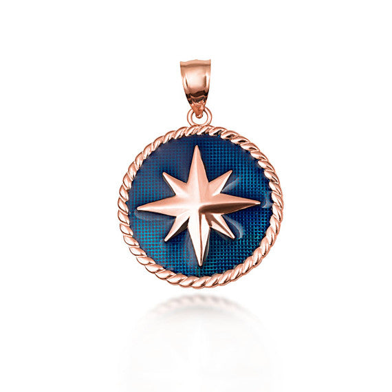 Solid Gold Enamel Compass Rose Medallion Pendant Necklace (Available in Yellow/Rose/White Gold)