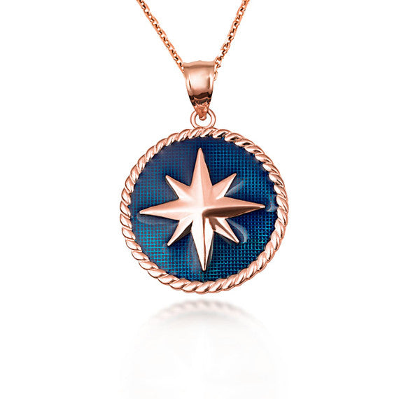 Solid Gold Enamel Compass Rose Medallion Pendant Necklace (Available in Yellow/Rose/White Gold)