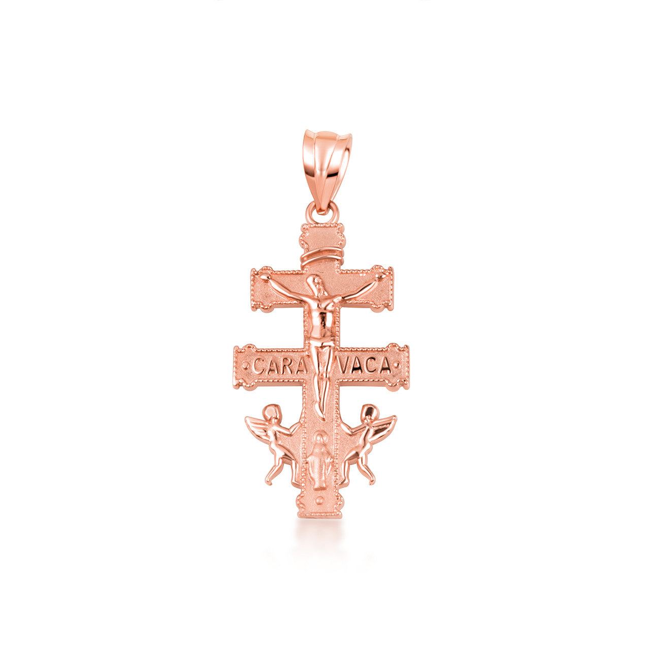 Gold Spanish Caravaca Cross Crucifix Jesus Christ Angels Pendant Necklace (Available in Yellow/Rose/White Gold)