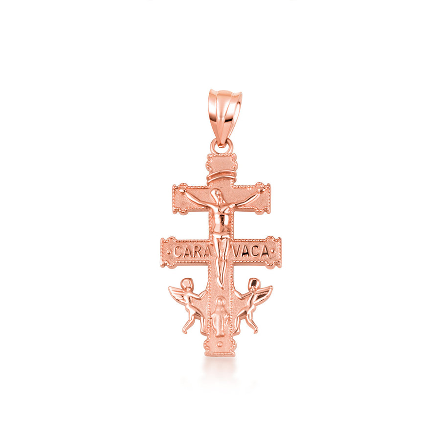 Gold Spanish Caravaca Cross Crucifix Jesus Christ Angels Pendant Necklace (Available in Yellow/Rose/White Gold)