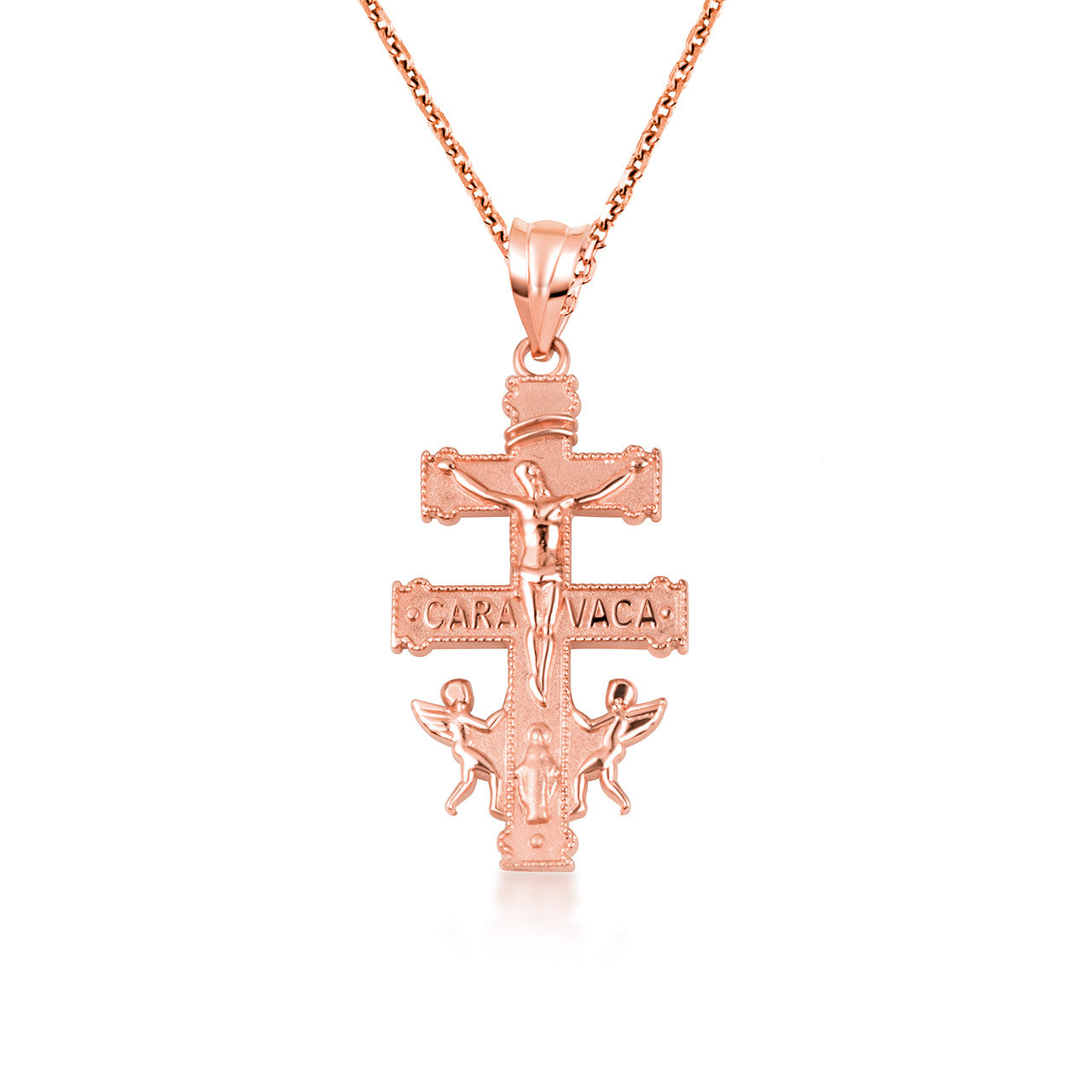 Gold Spanish Caravaca Cross Crucifix Jesus Christ Angels Pendant Necklace (Available in Yellow/Rose/White Gold)