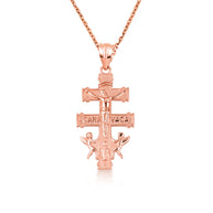 Gold Spanish Caravaca Cross Crucifix Jesus Christ Angels Pendant Necklace (Available in Yellow/Rose/White Gold)