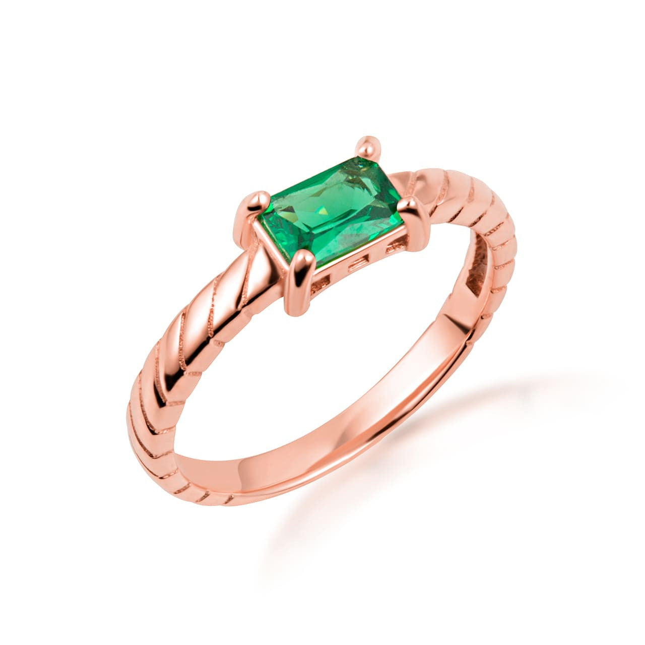 Gold Emerald Cut Cubic Zirconia Birthstone Striped Ring (Available in Yellow/Rose/White Gold)