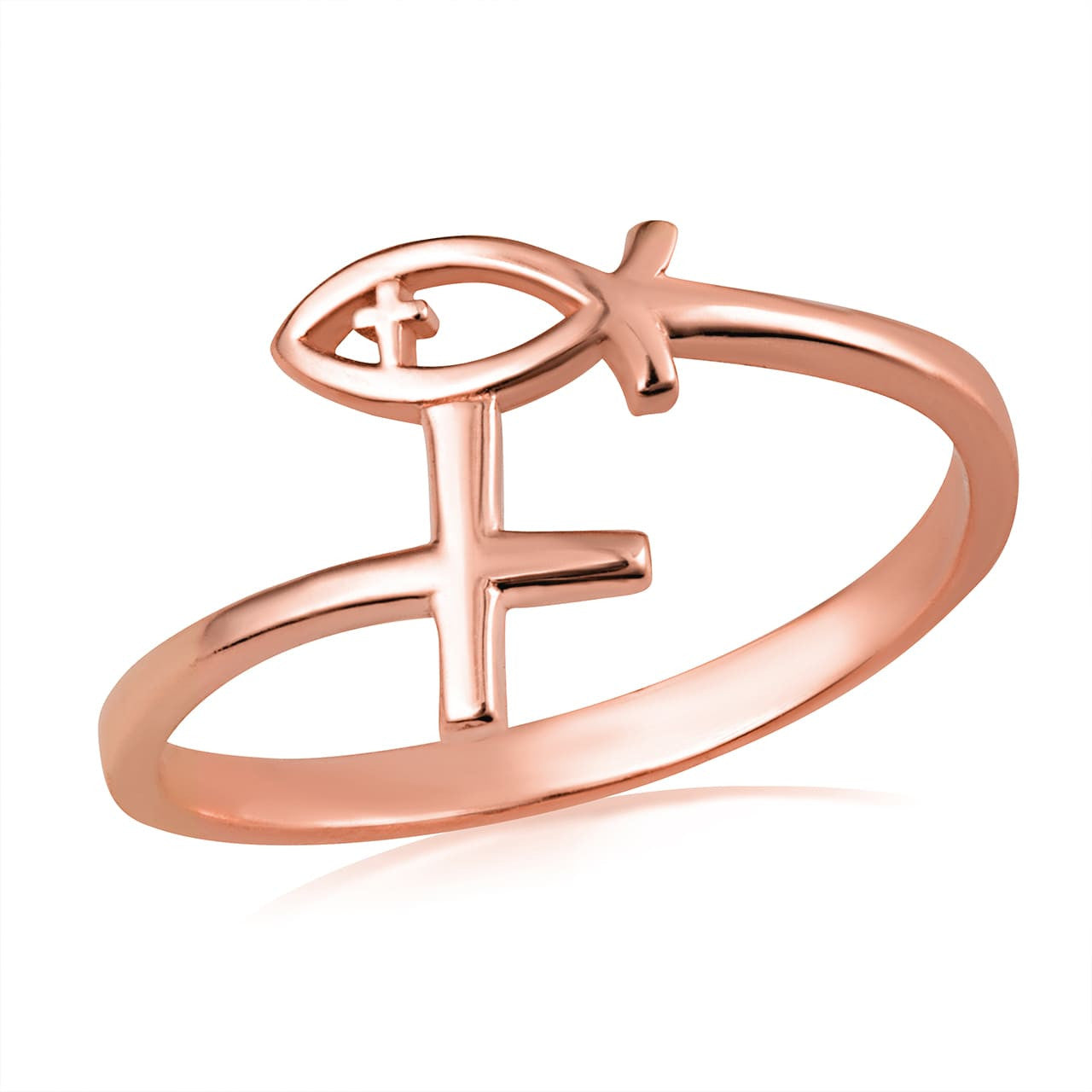 Gold Christian Ichthys Jesus Fish Cross Wraparound Band Ring (Available in Yellow/Rose/White Gold)
