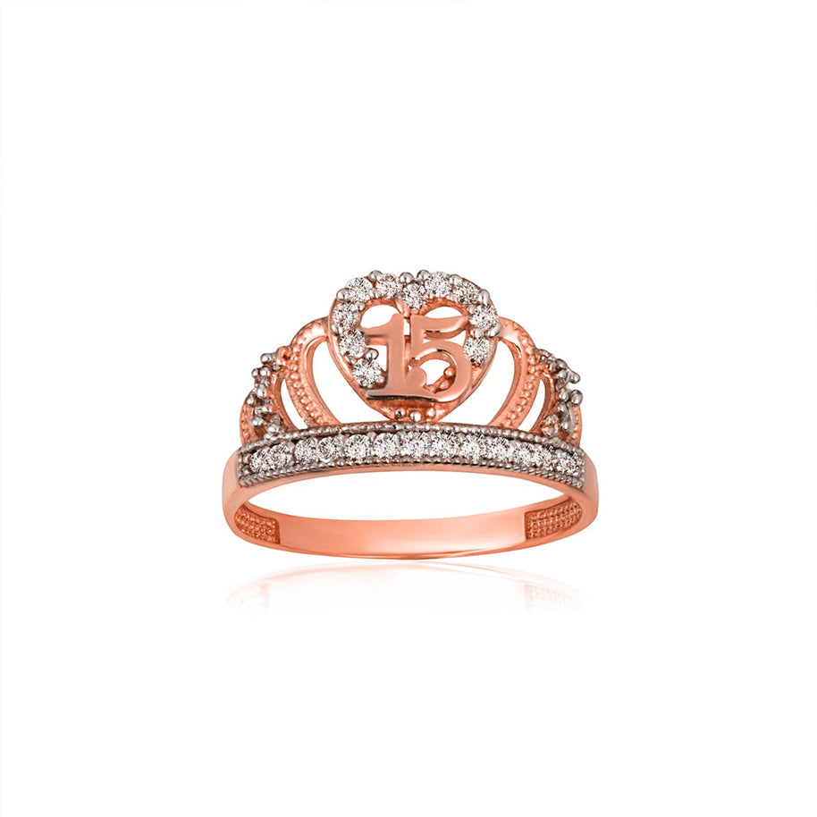 Two-Tone Gold Cubic Zirconia Heart Crown 15 Años Quinceañera Milgrain Ring (Available in Yellow/Rose/White Gold)