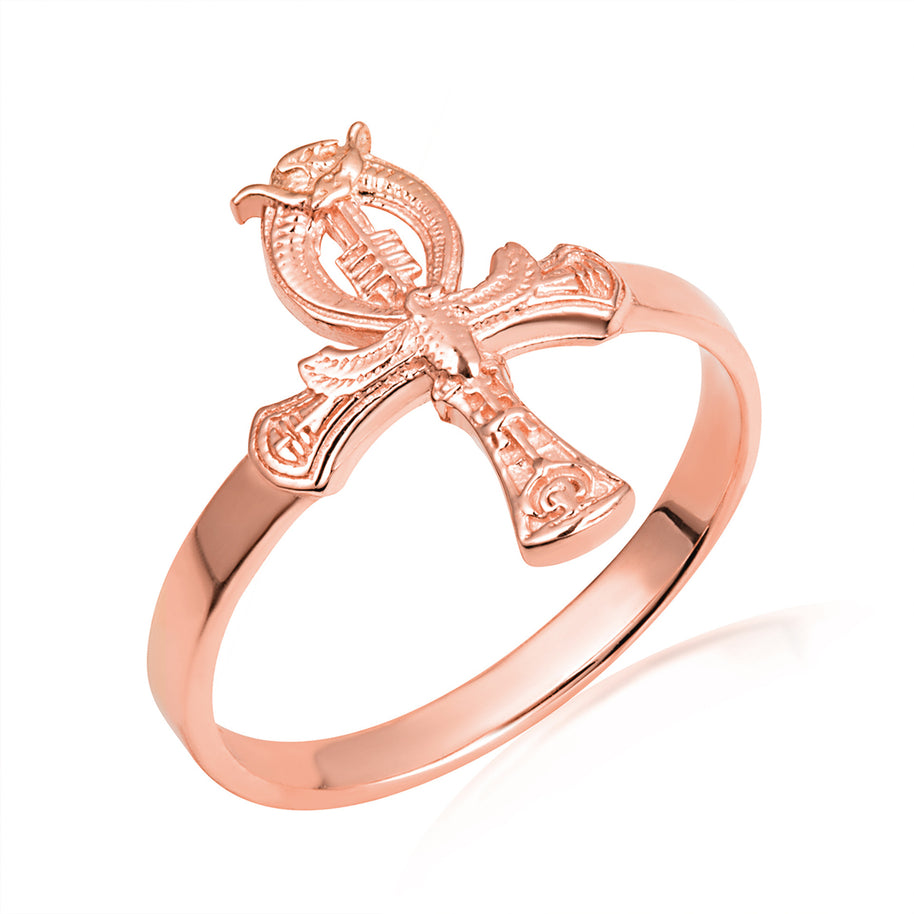 Gold Egyptian Ankh Cross Hieroglyphics Ring (Available in Yellow/Rose/White Gold)
