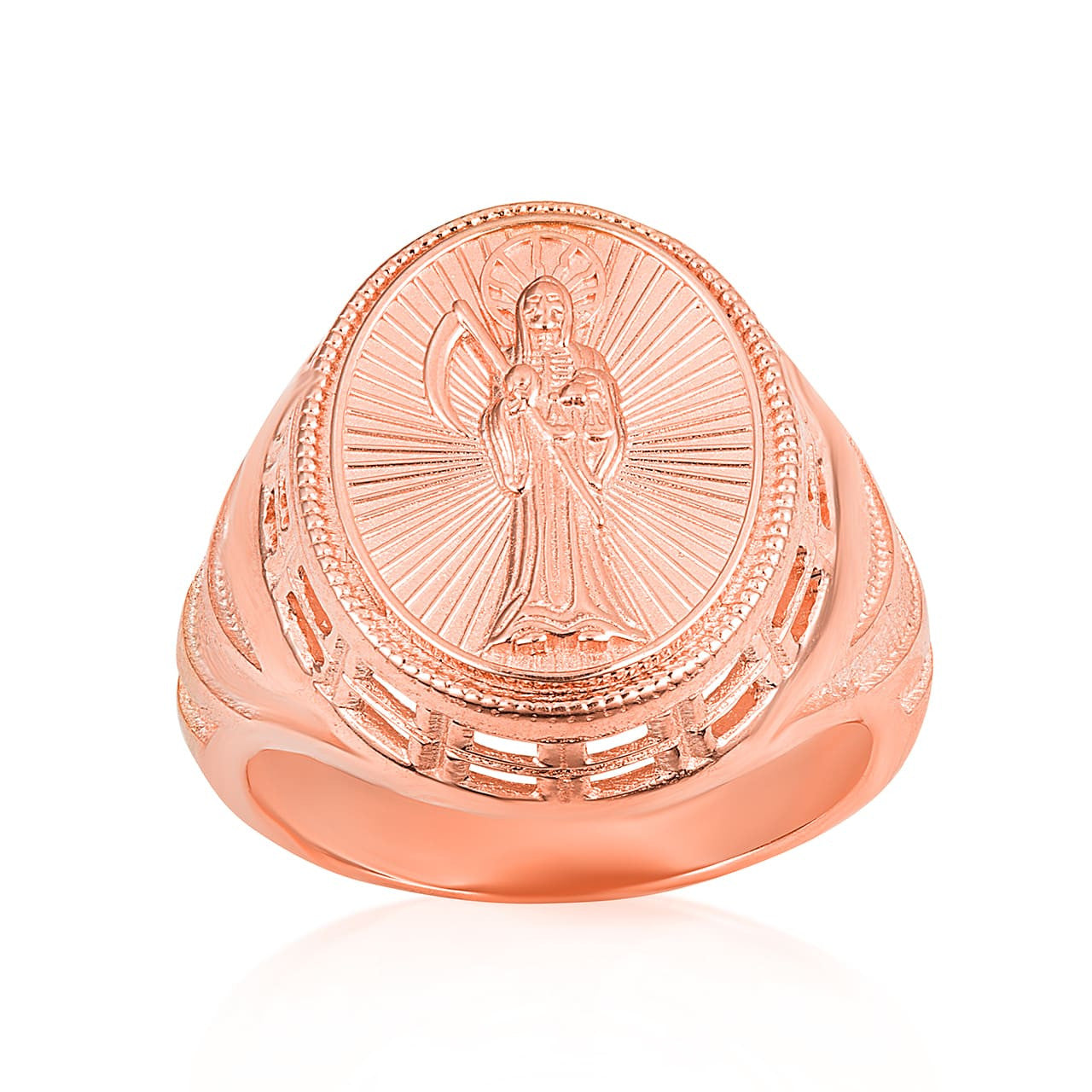 Gold Santa Muerte Grim Reaper Beaded Oval Signet Ring (Available in Yellow/Rose/White Gold)