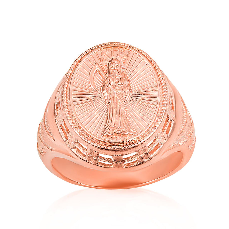 Gold Santa Muerte Grim Reaper Beaded Oval Signet Ring (Available in Yellow/Rose/White Gold)