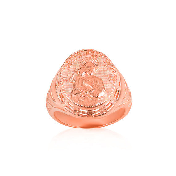 Gold Religious Patron Saint Joseph Baby Jesus Beaded Oval Signet Ring (Available in Yellow/Rose/White Gold)