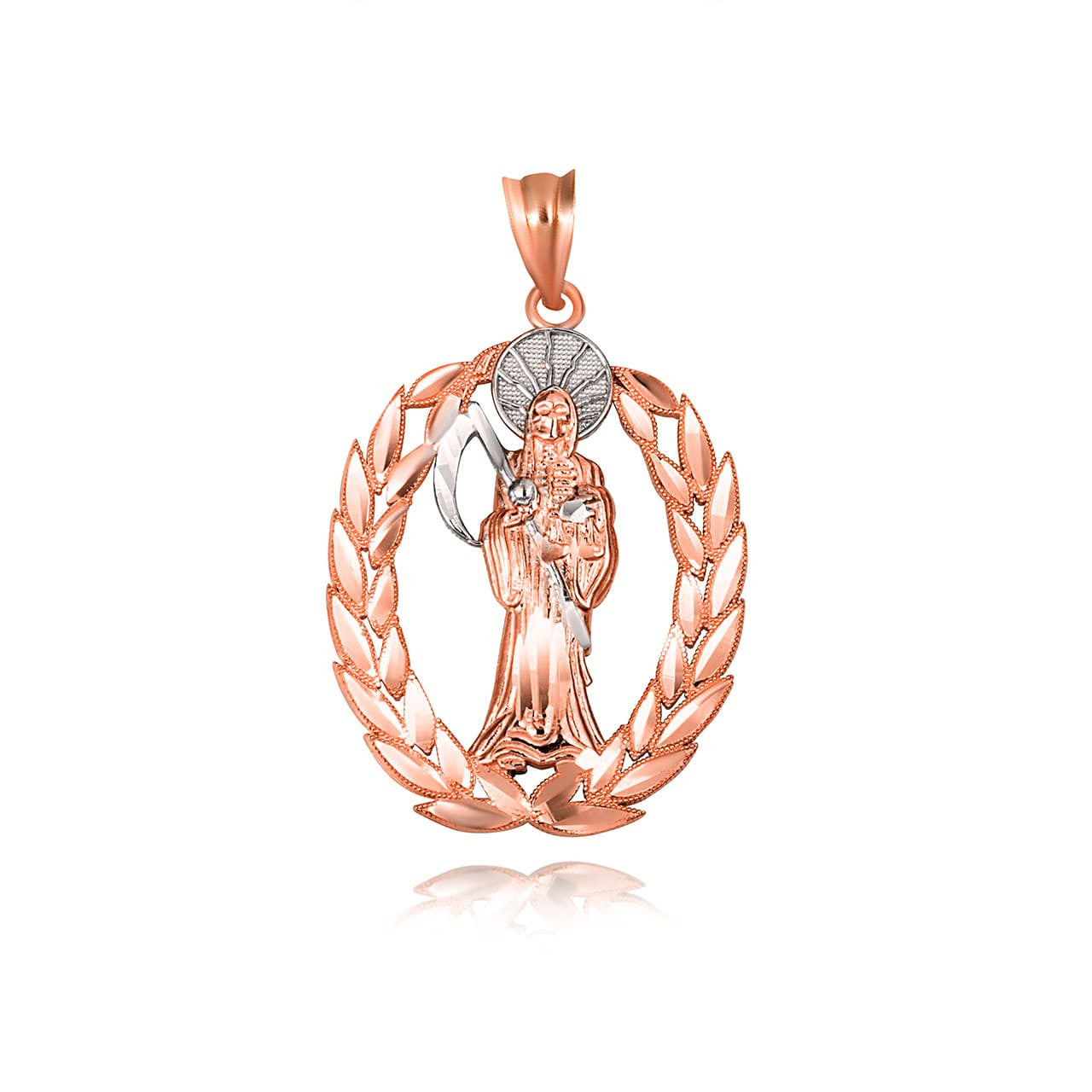 Gold Santa Muerte Greek Laurel Wreath Frame Pendant Necklace (Available in Yellow/Rose/White Gold)