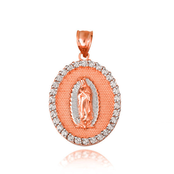 Solid Gold Two-Tone Lady Of Guadalupe Cubic Zirconia Oval Halo Beaded Medallion Pendant Necklace (Available in Yellow/Rose/White Gold)