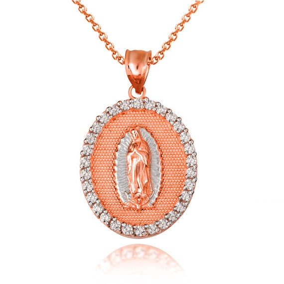 Solid Gold Two-Tone Lady Of Guadalupe Cubic Zirconia Oval Halo Beaded Medallion Pendant Necklace (Available in Yellow/Rose/White Gold)