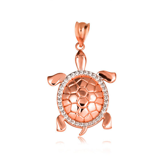 Gold Marine Sea Turtle Diamond Halo Pendant Necklace (Available in Yellow/Rose/White Gold)
