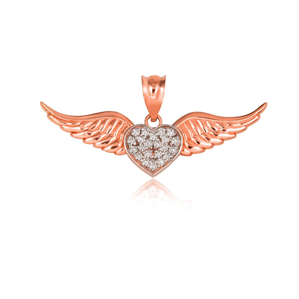 Gold Diamond Studded Winged Heart Pendant Necklace (Available in Yellow/Rose/White Gold)
