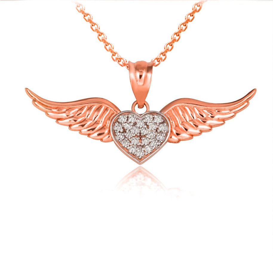 Gold Diamond Studded Winged Heart Pendant Necklace (Available in Yellow/Rose/White Gold)