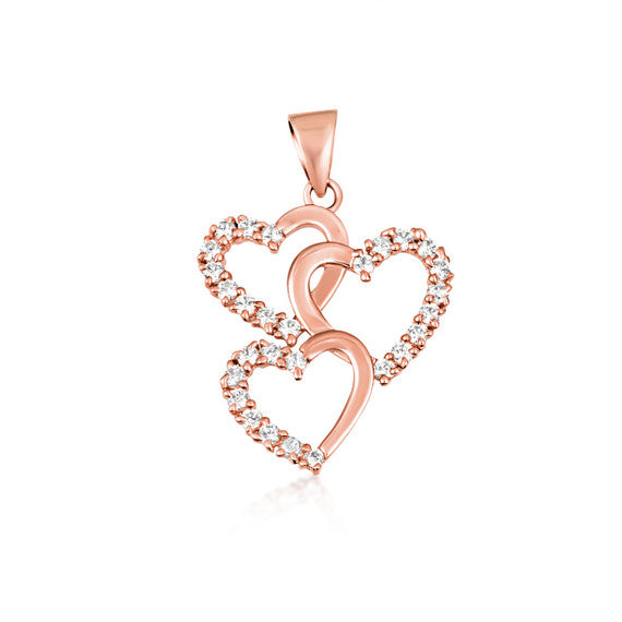 Gold Cubic Zirconia Triple Heart Pendant Necklace (Available in Yellow/Rose/White Gold)