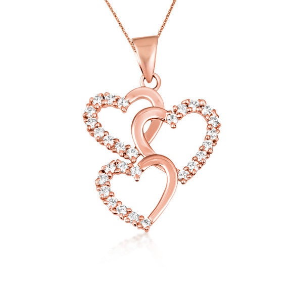 Gold Cubic Zirconia Triple Heart Pendant Necklace (Available in Yellow/Rose/White Gold)