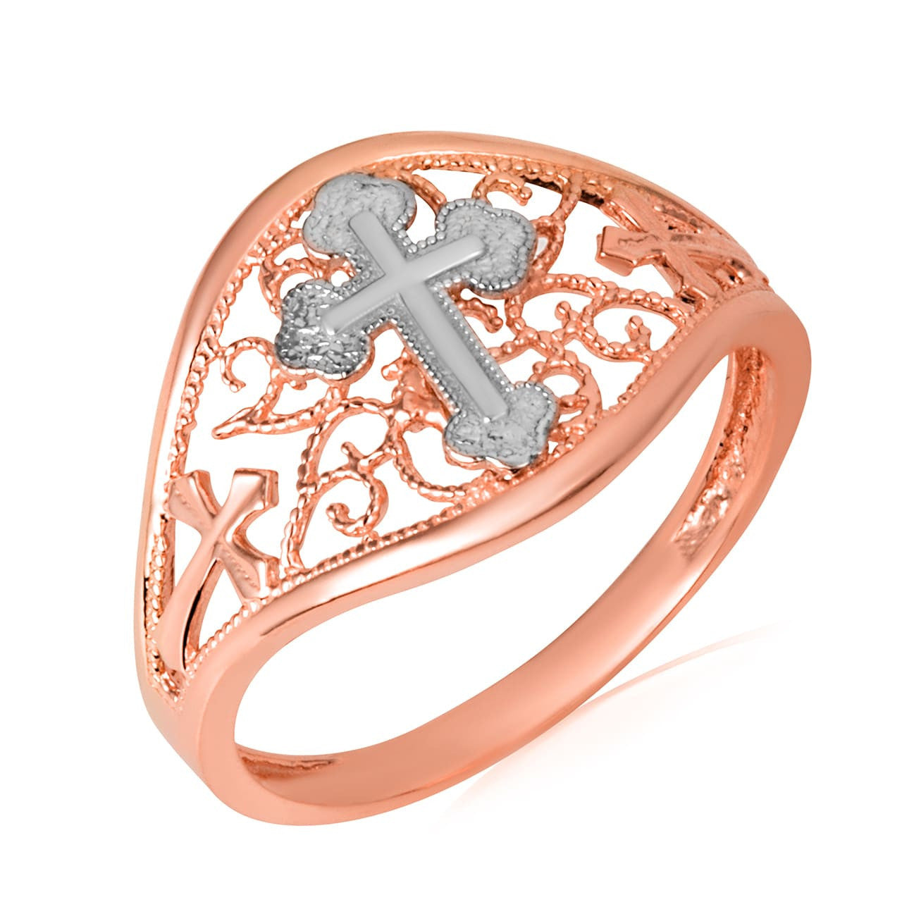 Two-Tone Filigree Cross Ring (Available in Yellow/Rose/White Gold)