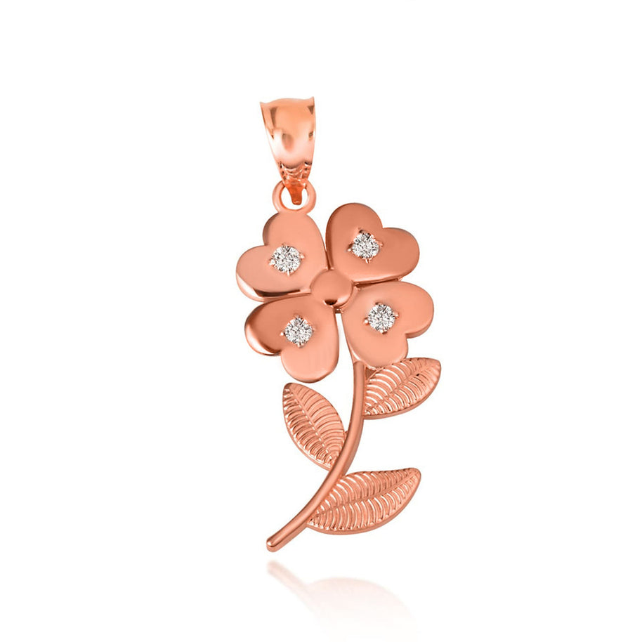 Two-Tone Gold Cubic Zirconia 4 Leaf Clover Flower Pendant Necklace (Available in Yellow/Rose/White Gold)