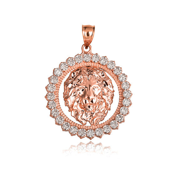 Gold Lion Head Round Cubic Zirconia Pendant Necklace (Available in Yellow/Rose/White Gold)