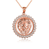 Gold Lion Head Round Cubic Zirconia Pendant Necklace (Available in Yellow/Rose/White Gold)