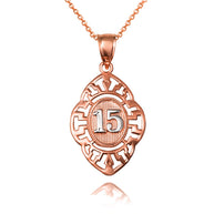 Solid Gold Two-Tone Quinceañera 15 Años Greek Key Oval Beaded Pendant Necklace (Available in Yellow/Rose/White Gold)