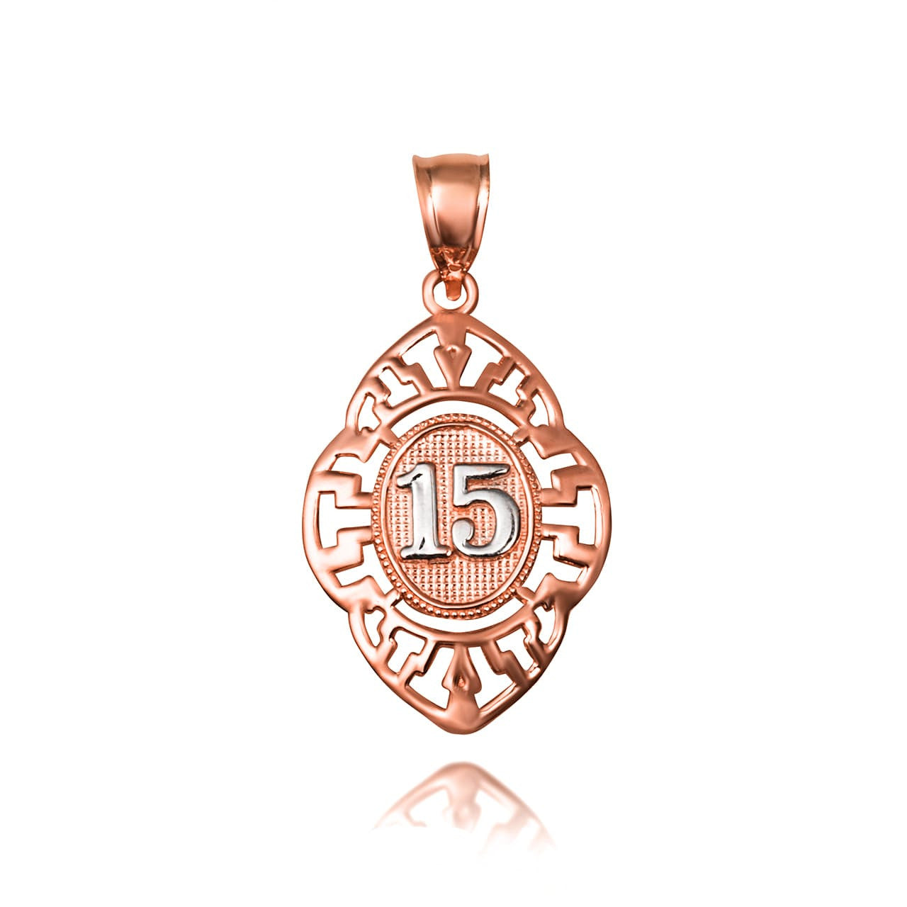 Solid Gold Two-Tone Quinceañera 15 Años Greek Key Oval Beaded Pendant Necklace (Available in Yellow/Rose/White Gold)