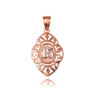 Solid Gold Two-Tone Quinceañera 15 Años Greek Key Oval Beaded Pendant Necklace (Available in Yellow/Rose/White Gold)