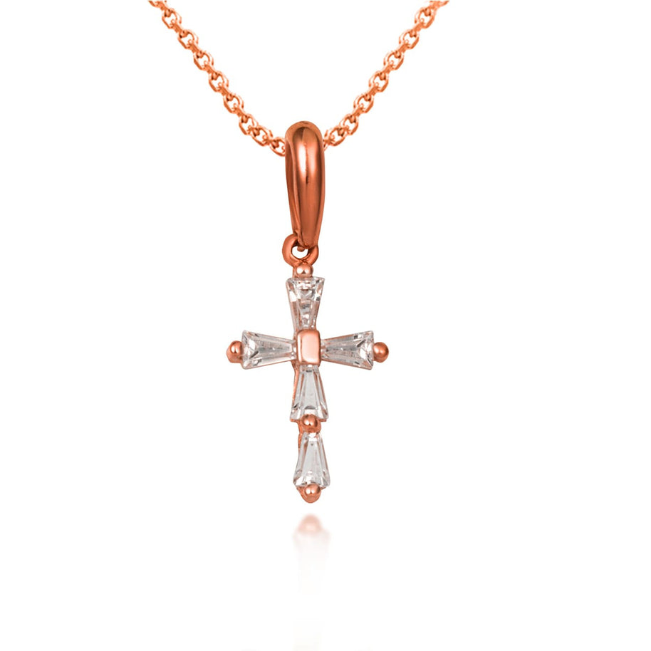 Gold Clear Tapered Baguette Cross Pendant Necklace (Available in Yellow/Rose/White Gold)